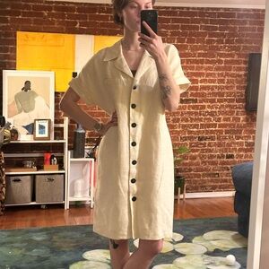 Beige Button-Up Linen Dress